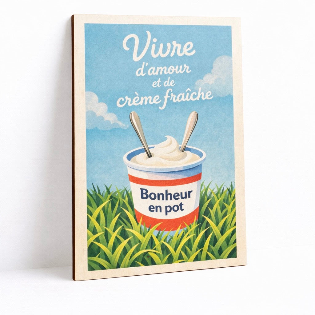 Affiche en bois - Vivre d'amour et de crème fraîche