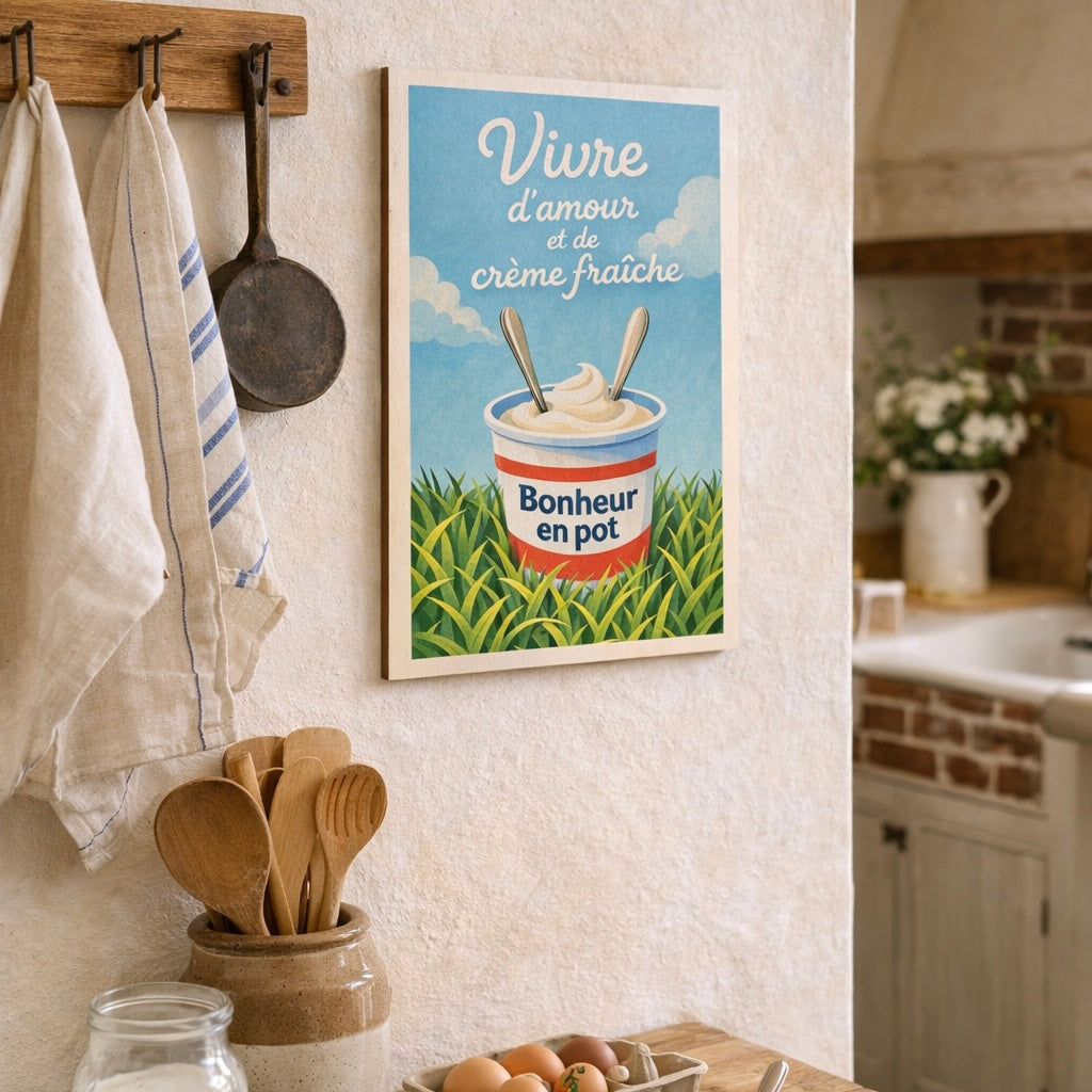 Affiche en bois - Vivre d'amour et de crème fraîche