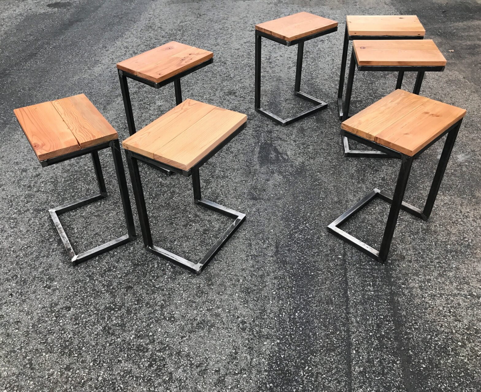 Group of bar stools chairs tables wood metal industrial furniture decor design